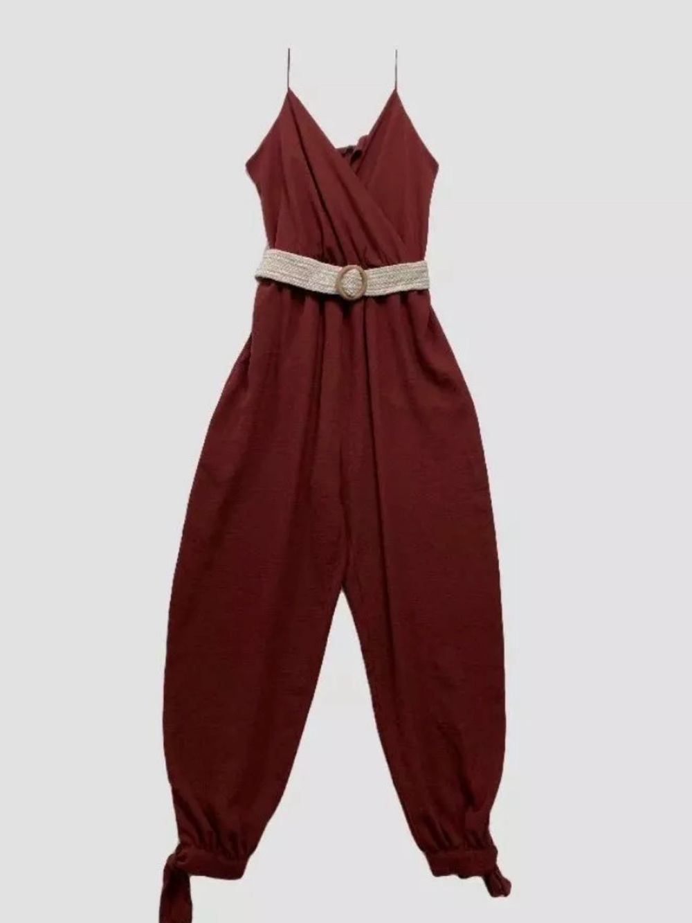 Zara terracotta colored Spaghetti straps V-Neck Jumpsuit with Woven Cream Belt